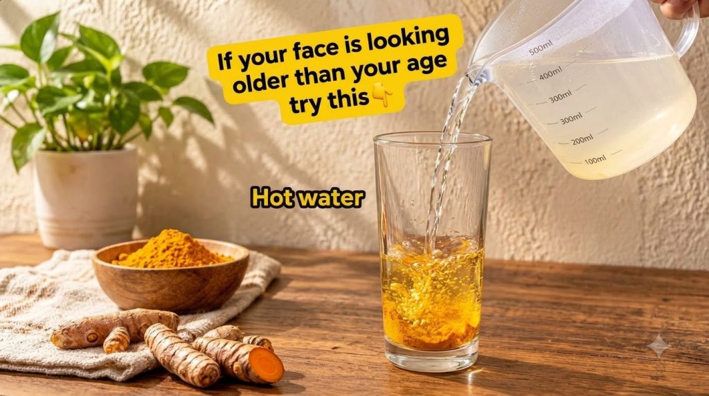 A clear glass on a wooden table with hot water being poured from a measuring jug into the glass which contains yellow tu