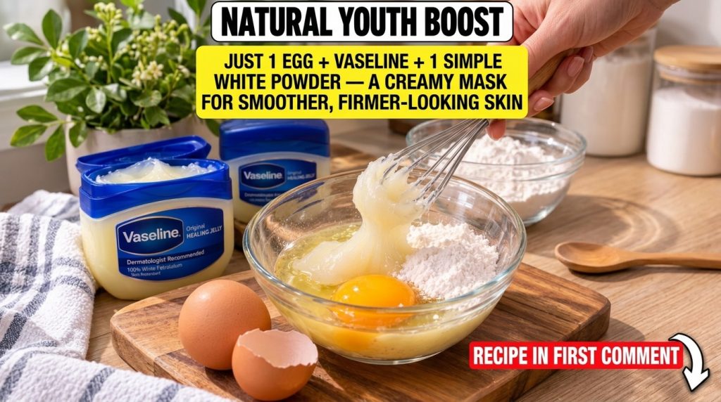 Close-up of a glass bowl with ingredients for a homemade mask egg yolk egg white Vaseline and white rice powder with a w