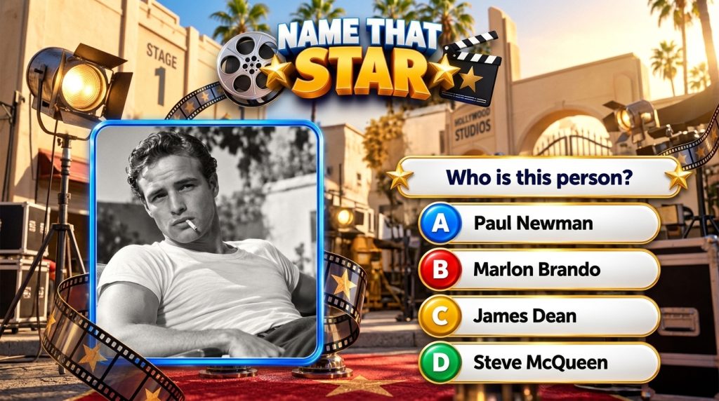 Black-and-white portrait of Marlon Brando smoking a cigarette as if part of a Name That Star mobile game interface