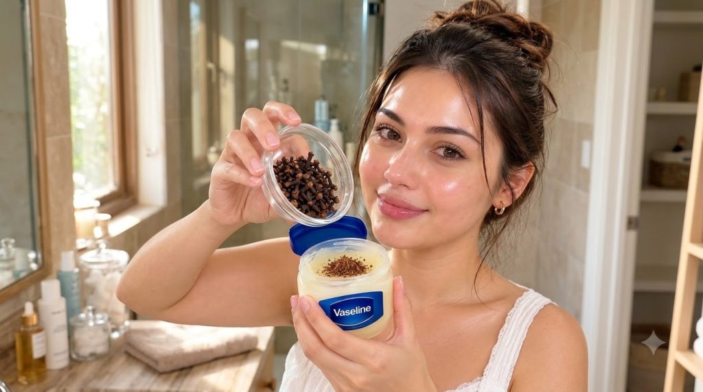 A smiling young woman holding a glass bowl of whole cloves over an open jar of Vaseline mixed with ground spices showcas