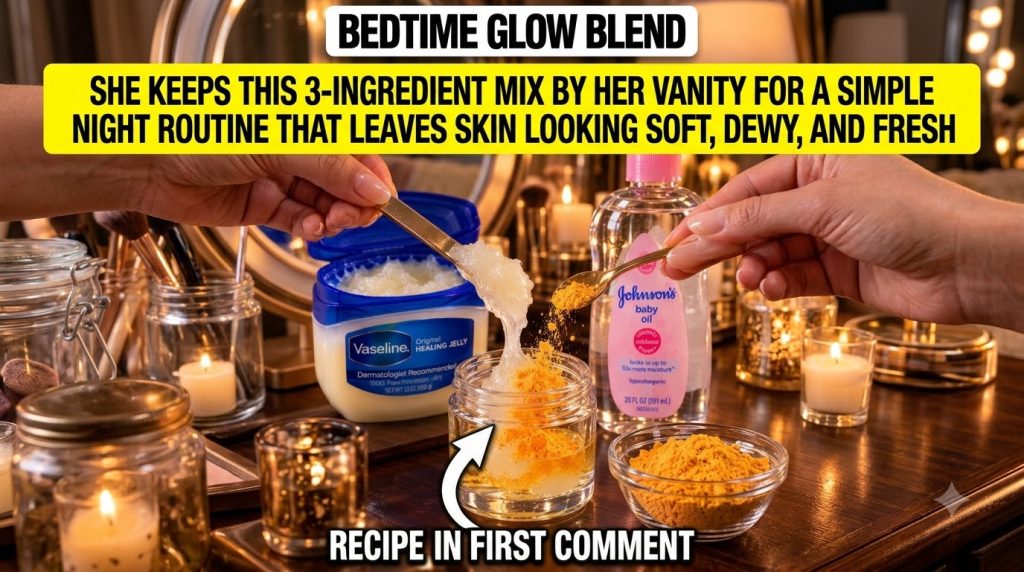 A person s hands mixing white petroleum jelly clear baby oil and white vitamin C powder in a small glass jar with a smal