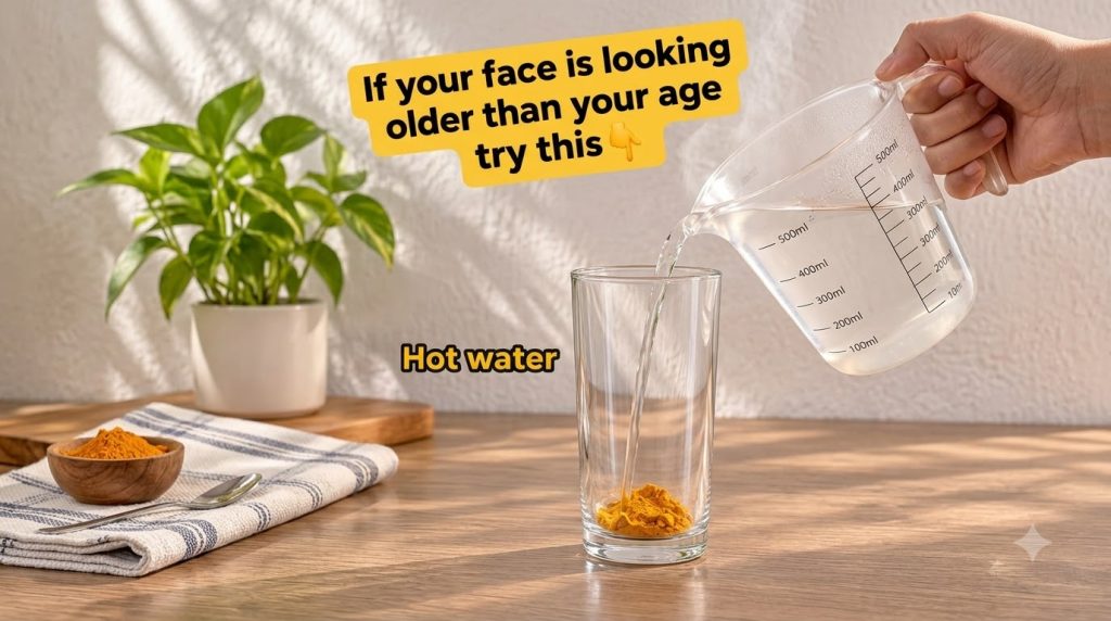 A clear glass containing yellow turmeric powder with a measuring beaker poised to pour hot water into it The background 