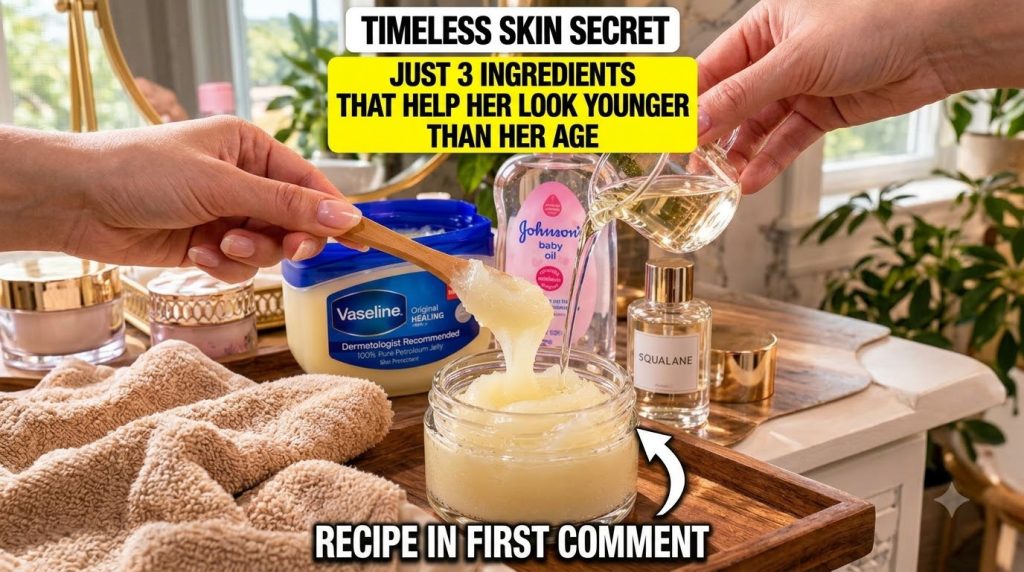 Hands mixing Vaseline baby oil and squalane in a glass jar with a wooden spoon