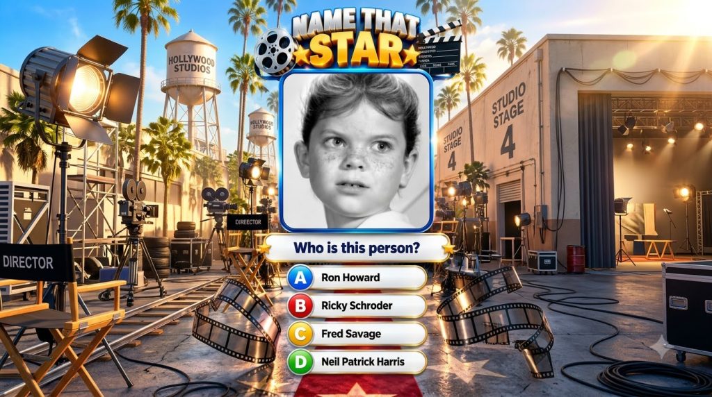 A mobile quiz game interface featuring a black and white portrait of a young boy with freckles framed by a blue border a