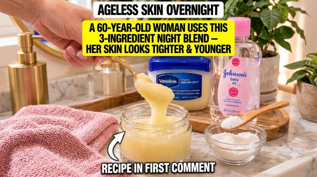 A hand holding a golden spoon lifting a thick yellow viscous blend from a clear glass jar In the background a tub of Vas