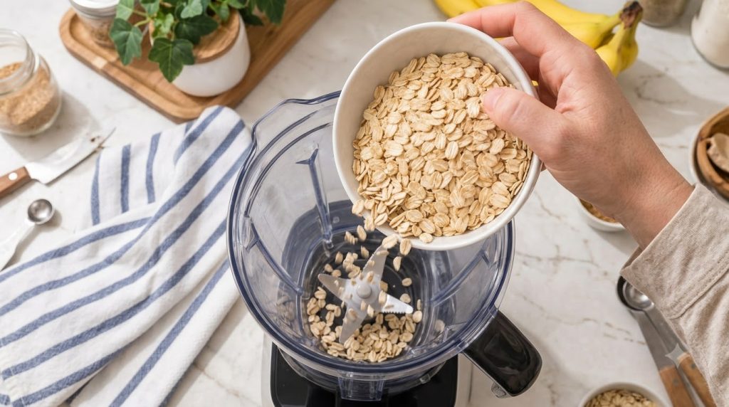 A hand pouring rolled oats from a white bowl into a blender jar preparing a healthy oat power drink