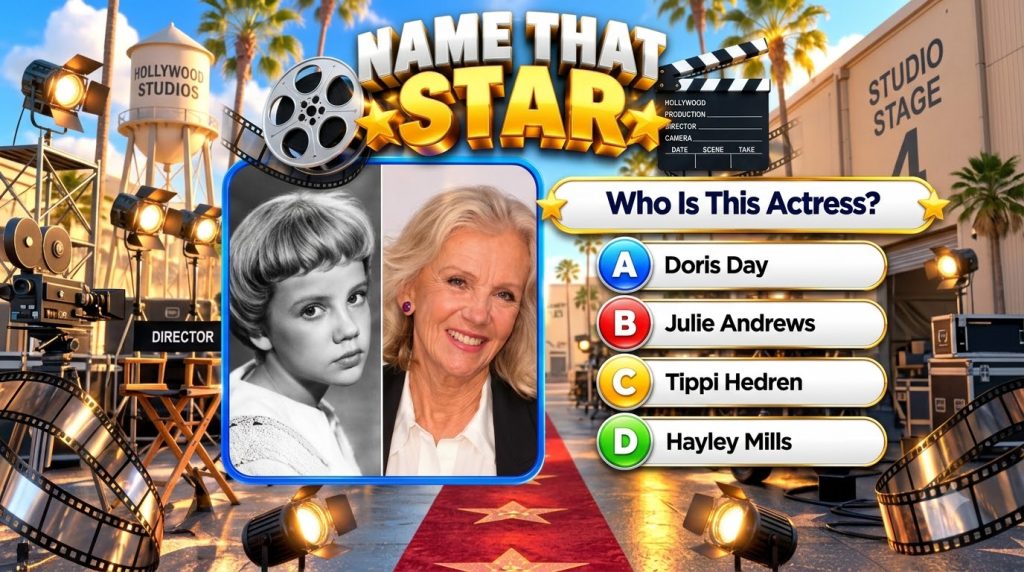 A then and now split image of Hayley Mills showing her as a young girl in black and white and as an older woman in color