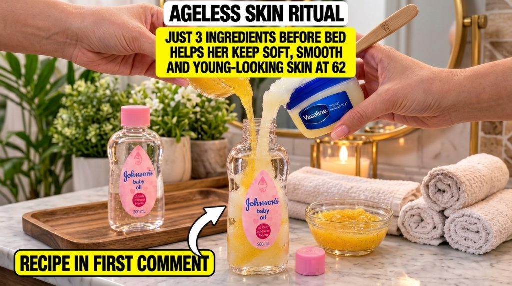 Hands mixing Vaseline Johnson s Baby Oil and a golden granular substance in a bowl or bottle on a marble surface with a 