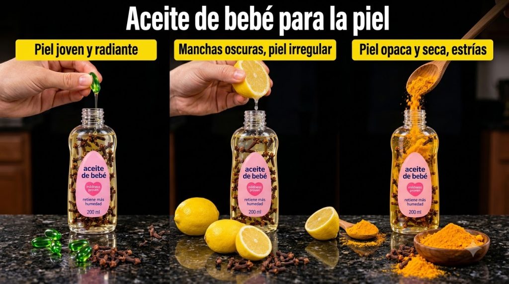 Three identical bottles of Johnson s baby oil each infused with cloves One bottle has a green vitamin E capsule being ad