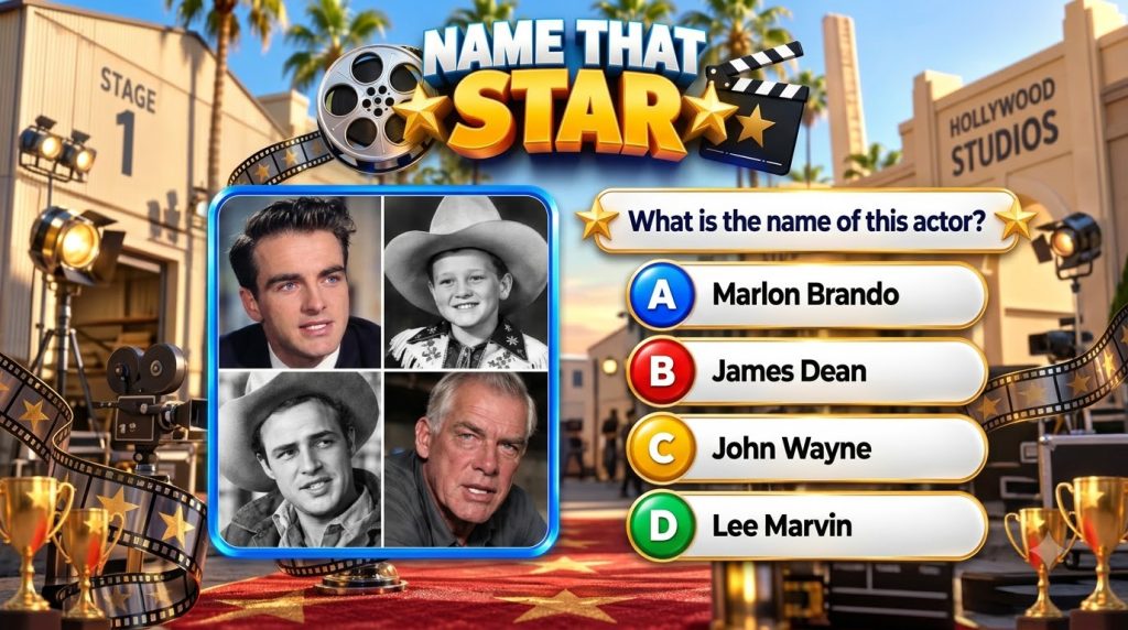 A mobile quiz game screen titled Name That Star showing a collage of four classic Hollywood actors faces The background 