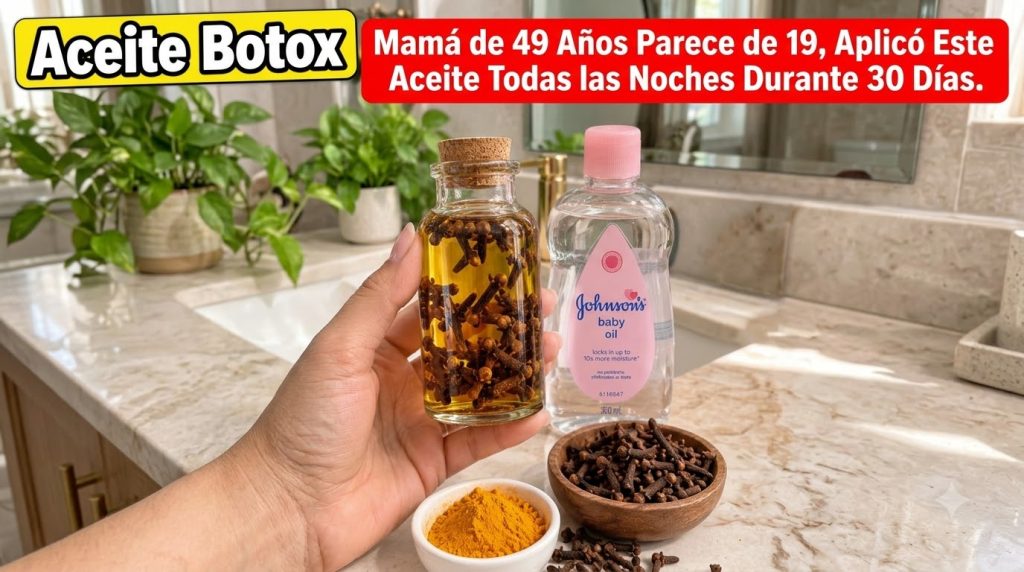 A close-up of a hand holding a small glass bottle of golden oil with cloves next to a larger bottle of baby oil A wooden