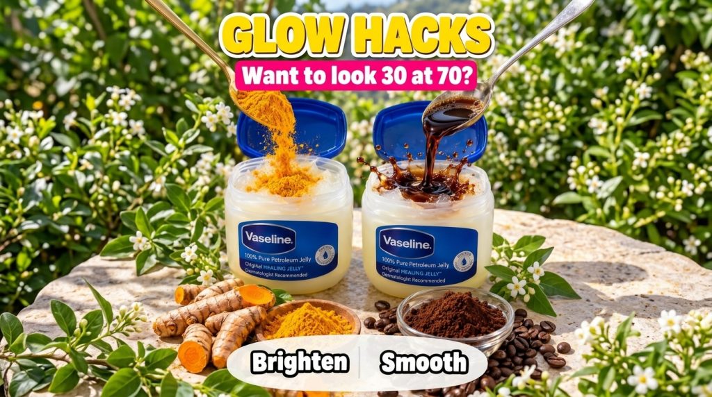 A split image showing two DIY Vaseline beauty hacks on the left turmeric powder is mixed into Vaseline for brightening w