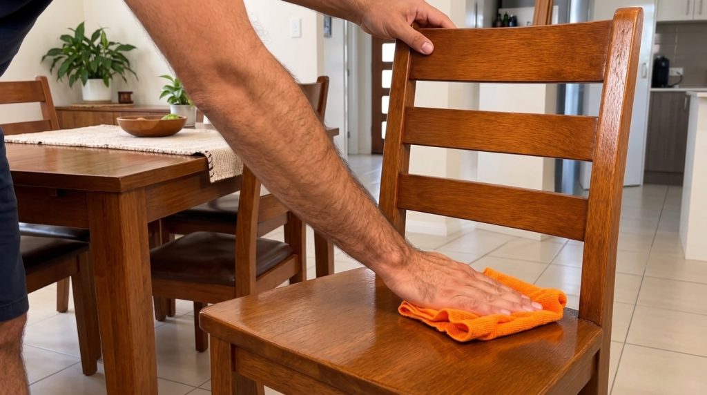 Close-up of a person s hands cleaning a wooden dining chair with an orange microfiber cloth showing polished wood reflec