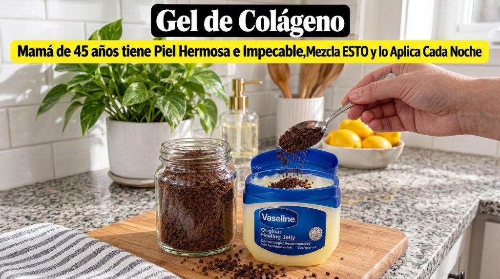 A hand is pouring instant coffee granules into a tub of petroleum jelly Vaseline on a wooden cutting board in a clean ki