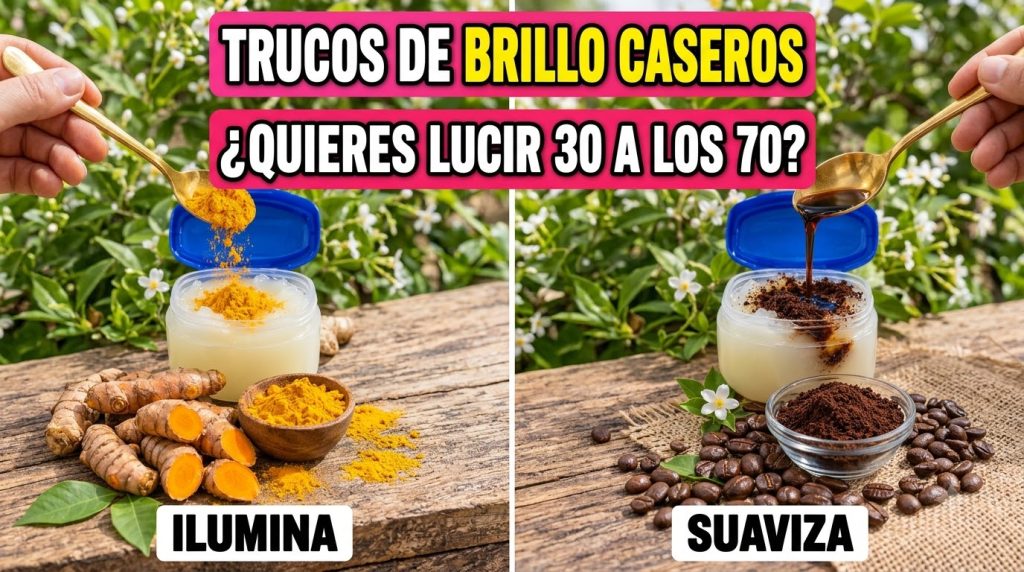 Two distinct DIY beauty hacks side-by-side On the left a spoon sprinkles bright yellow turmeric powder into a jar of Vas