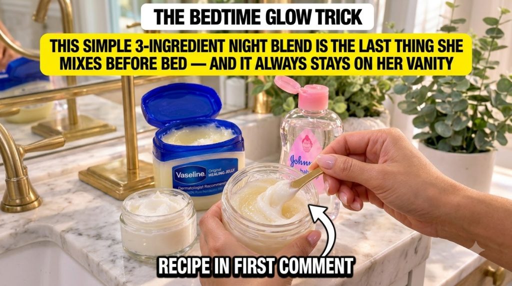 Hands mixing Vaseline baby oil and peptide cream in a small glass jar with a gold spatula on a marble vanity