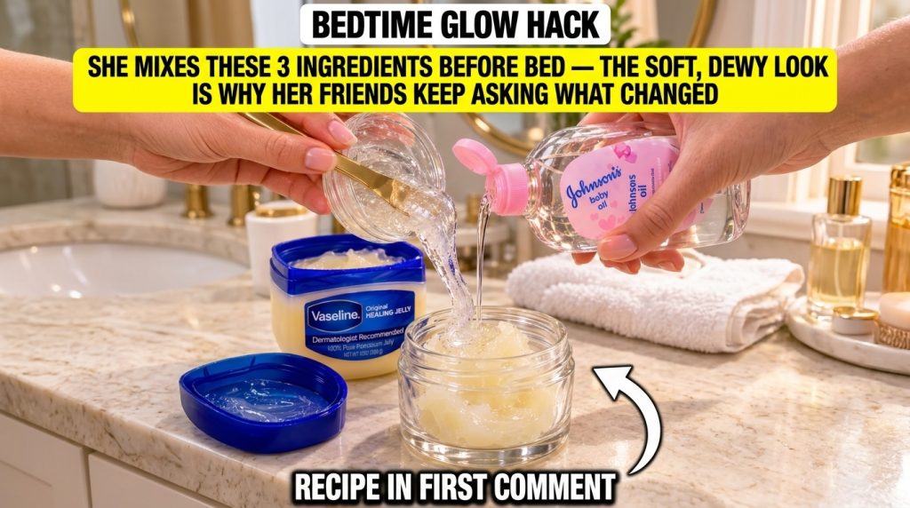 Hands mixing Vaseline clear panthenol gel and Johnson s Baby Oil in a glass jar on a bathroom counter