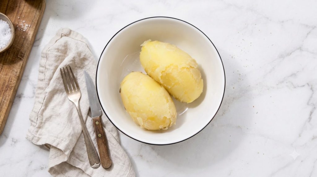 Two freshly boiled peeled potatoes in a simple white bowl on a light marble surface viewed from above