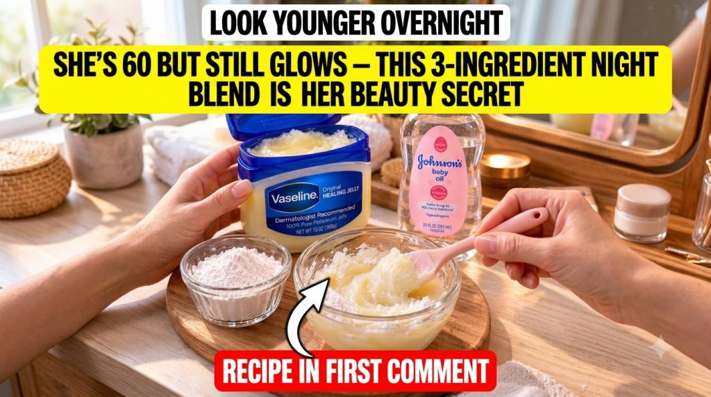 A close-up of Vaseline Johnson s Baby Oil and niacinamide powder on a wooden board with a hand mixing ingredients in a s