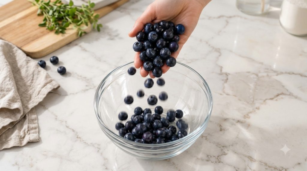 A hand gently pours fresh blueberries into a clear glass bowl on a marble countertop