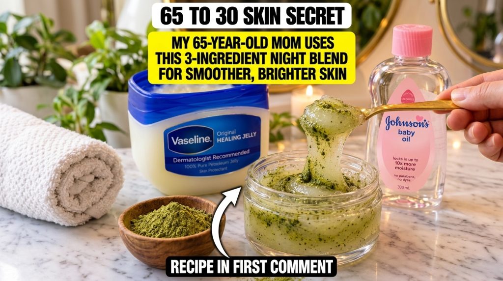 Ingredients for a homemade skincare recipe laid out on a surface including a tub of Vaseline a bottle of Johnson s baby 