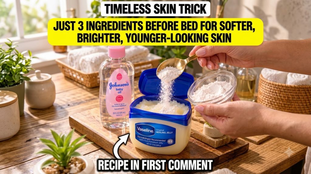 A close-up of a hand pouring niacinamide powder from a golden spoon into an open container of Vaseline with a bottle of 
