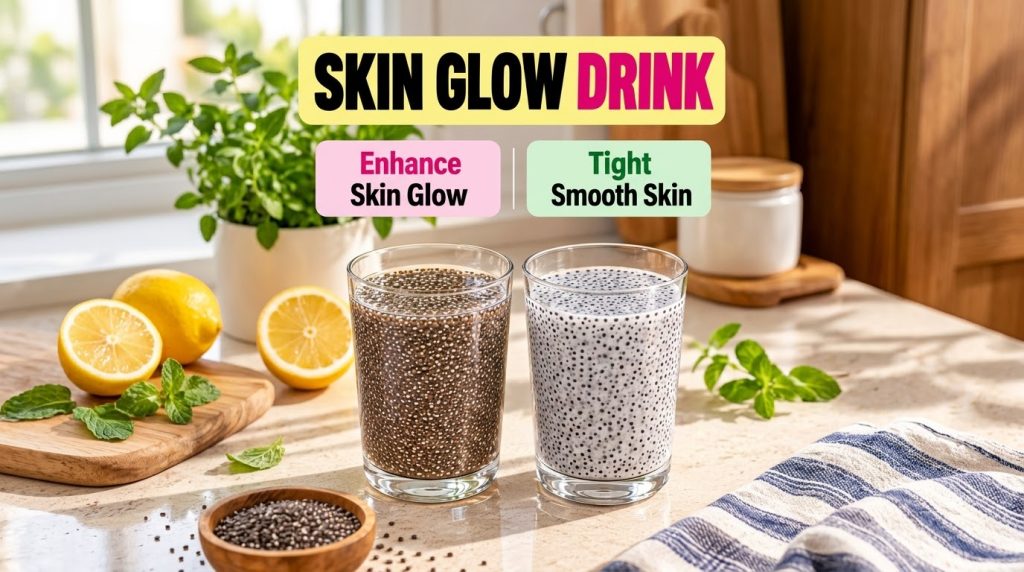 Two clear glasses of chia seed drinks one dark and one light on a sunlit countertop with a lemon slice and a bowl of chi