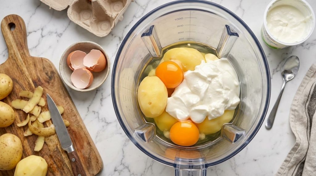 Peeled potatoes two bright orange egg yolks and a generous dollop of white creamy substance likely sour cream or yogurt 