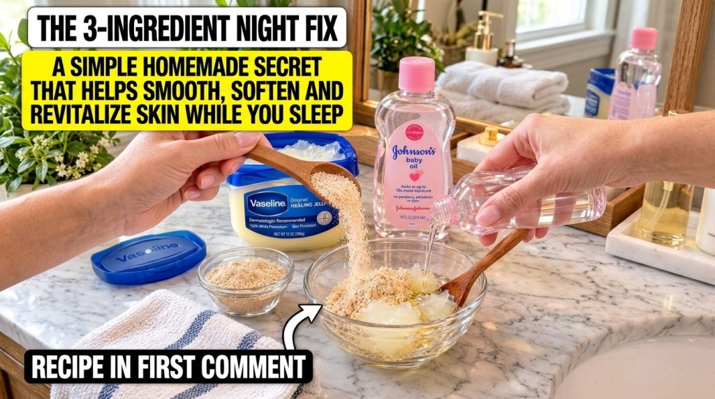 Hands mixing Vaseline Johnson s Baby Oil and colloidal oatmeal in a glass bowl on a marble countertop