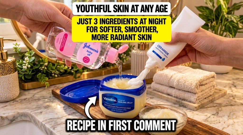 Hands mixing Vaseline Johnson s Baby Oil and ceramide cream in a tub