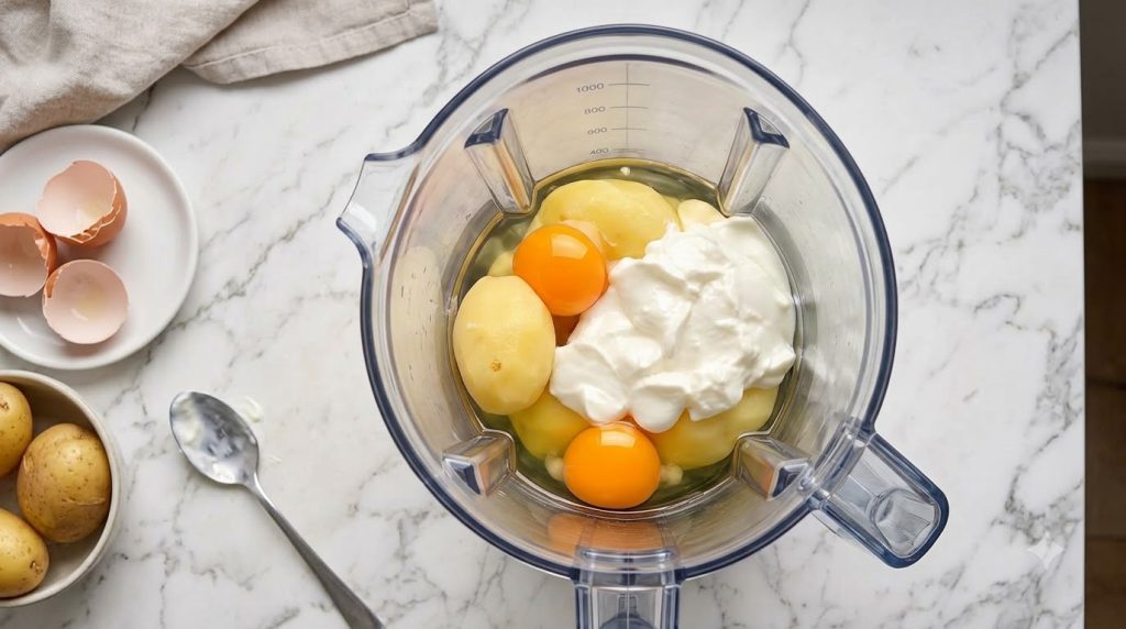 A clear blender pitcher filled with peeled potatoes two egg yolks and a dollop of cream ready to be blended