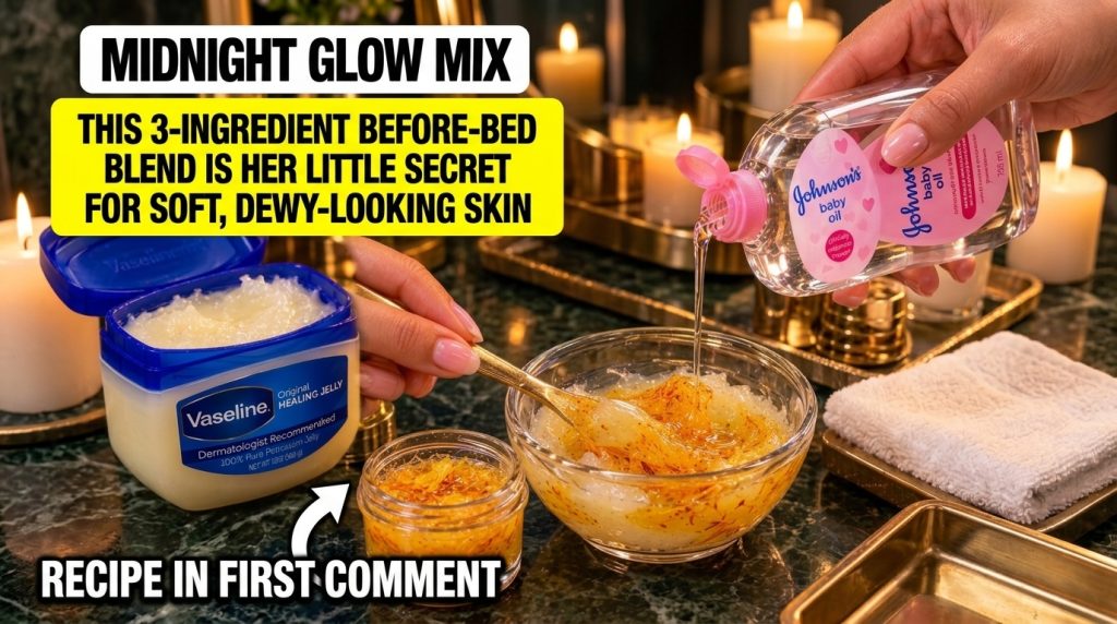 A close-up of hands mixing petroleum jelly baby oil and a calendula balm in a glass bowl with soft candlelight in the ba