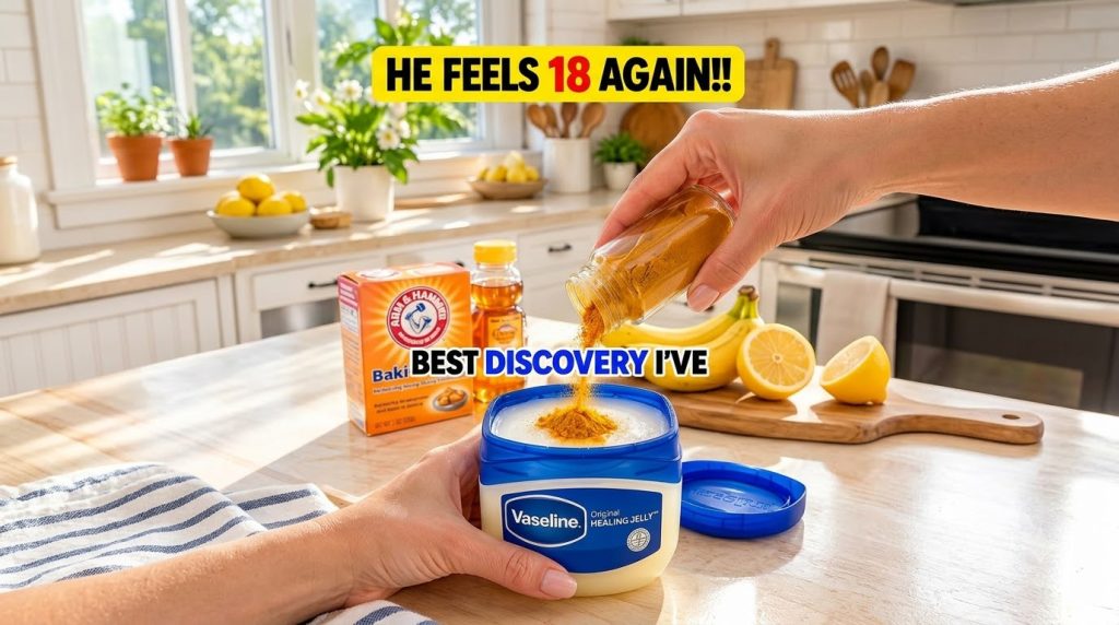 Hands pouring turmeric powder from a spice jar into a tub of Vaseline with other natural ingredients like lemons and hon