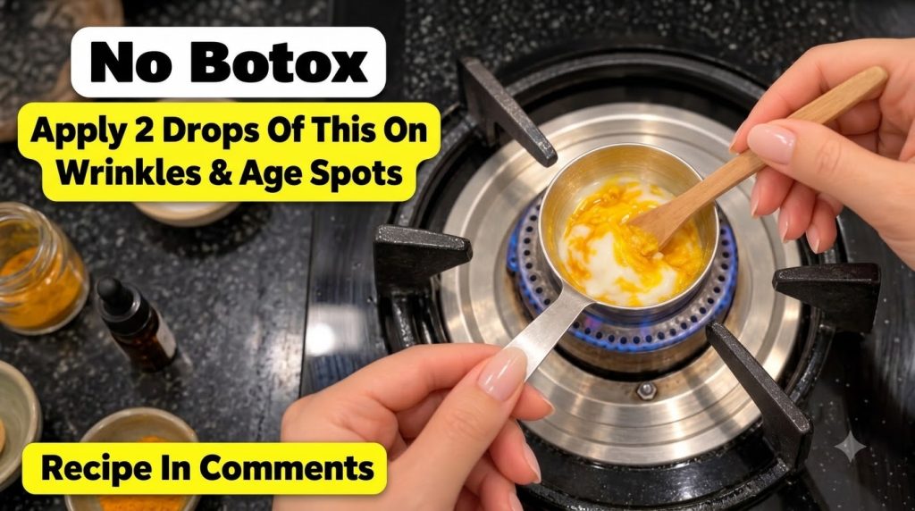 Close-up top-down view of hands mixing a creamy white and yellow substance in a small metal pot over a gas stove burner 