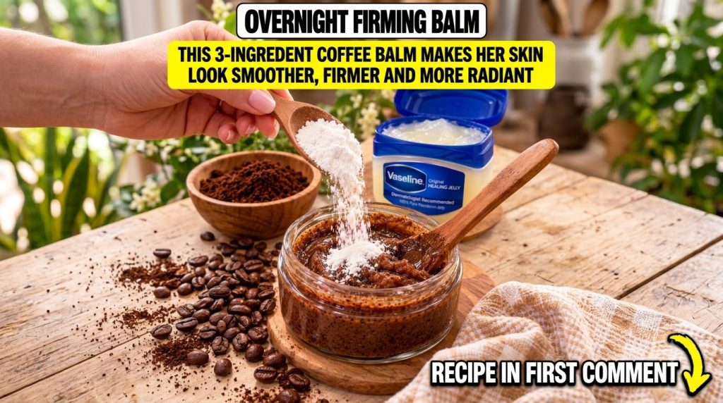 A close-up of a hand pouring white rice powder from a wooden spoon into a glass jar containing a mixture of ground coffe