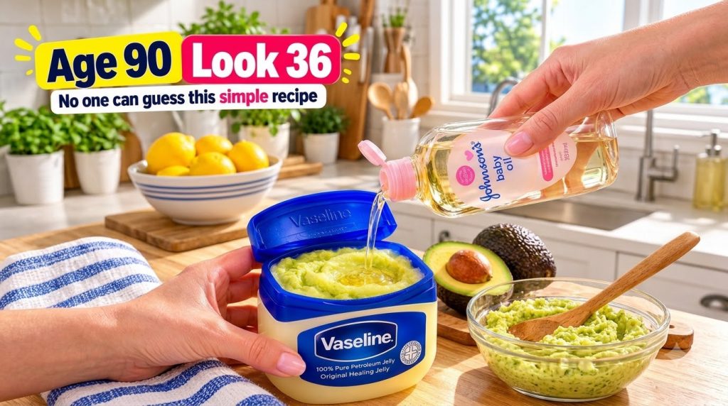 Hands preparing a homemade rice and flaxseed face mask in a kitchen with natural ingredients like lemons and avocado in 
