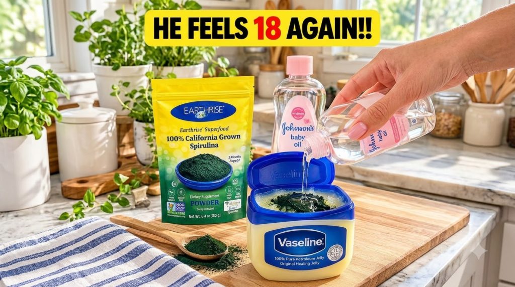 A hand mixing spirulina powder Vaseline and baby oil in a small bowl on a wooden cutting board with a wooden spoon