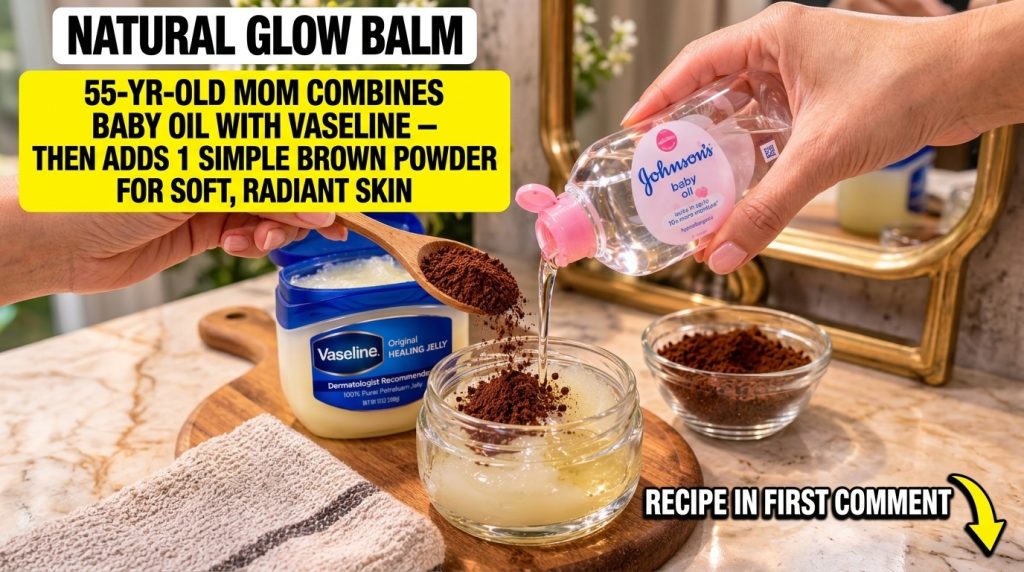 Hands mixing Vaseline baby oil and cocoa powder in a small glass jar on a countertop