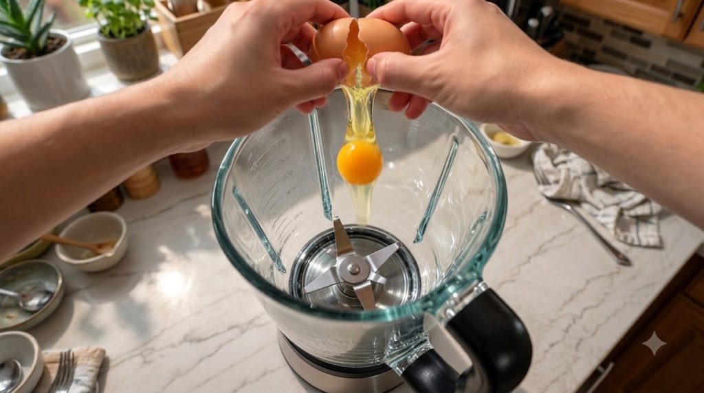 Hands cracking an egg directly into a glass blender with fruits and milk nearby