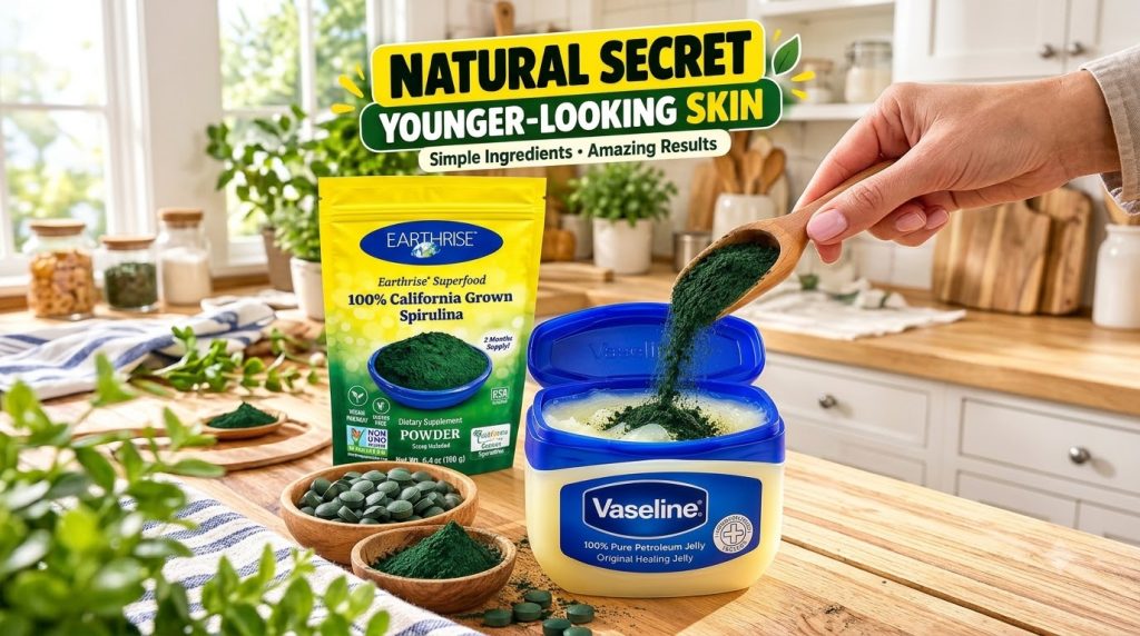A hand pouring green spirulina powder from a wooden spoon into a tub of Vaseline surrounded by spirulina products on a w