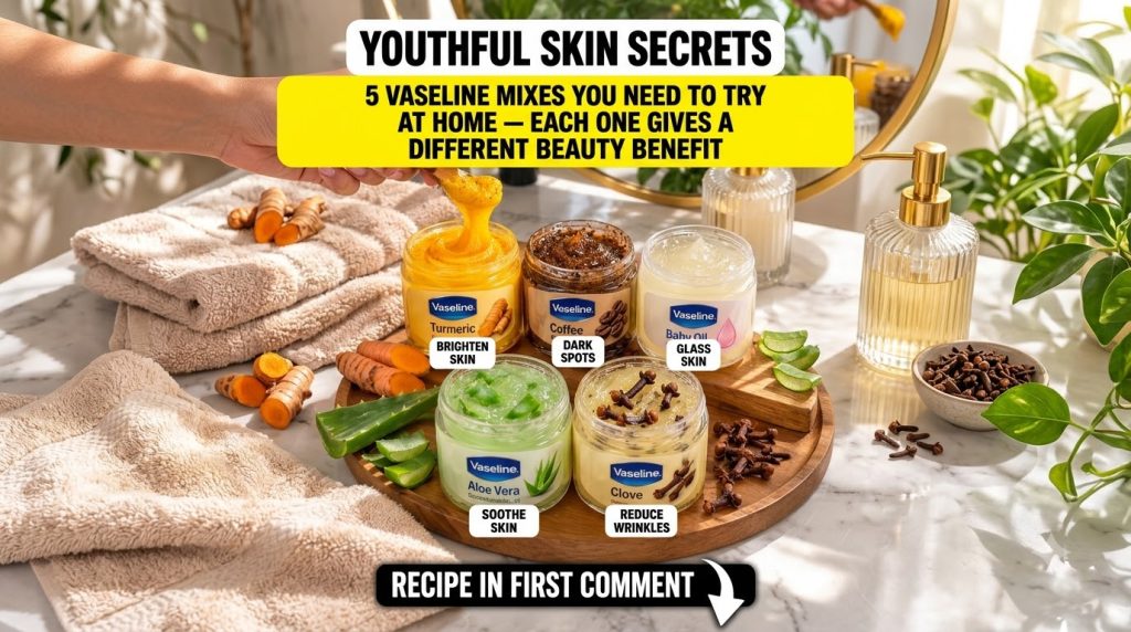 Five jars of Vaseline mixed with natural ingredients Turmeric Coffee Baby Oil Aloe Vera and Clove with raw ingredients s