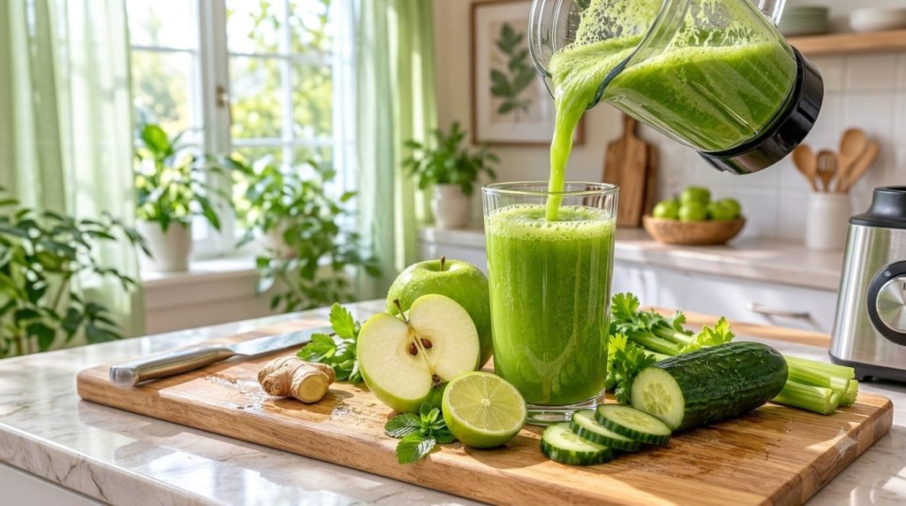 Vibrant green juice being poured from a clear blender pitcher into a tall glass with halved green apple sliced lime and 