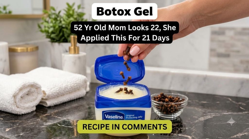 A hand dropping dried cloves into an open jar of Vaseline on a dark marble countertop with a small bowl of cloves nearby
