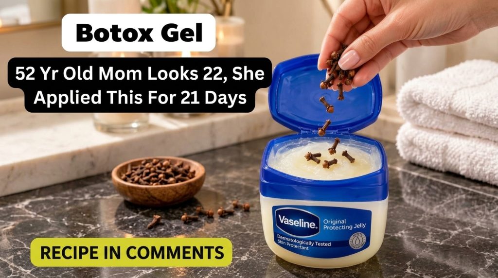 A hand dropping dried cloves into an open tub of Vaseline on a marble countertop with lit candles and white towels in th