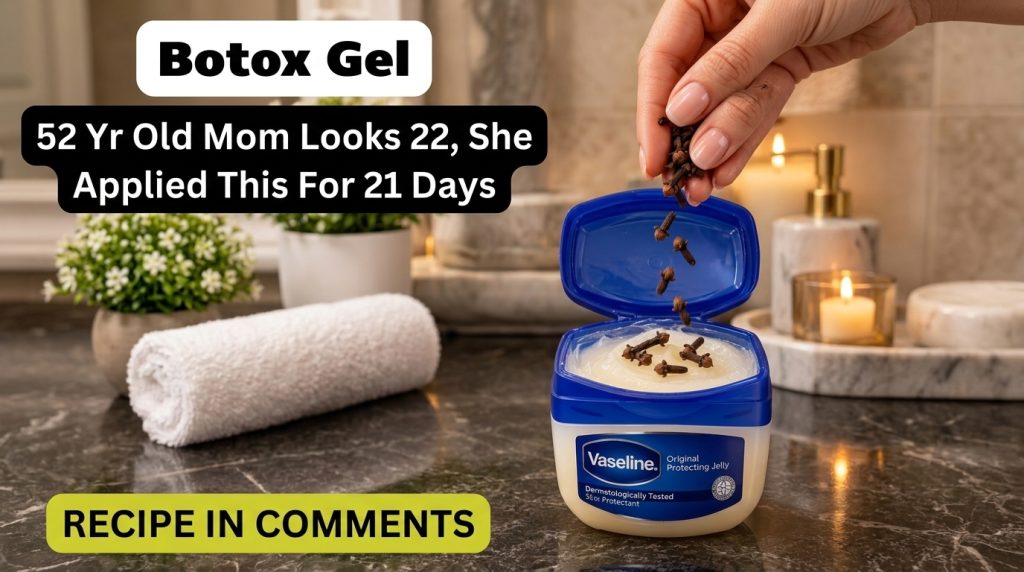 A hand dropping dried cloves into a jar of Vaseline with a blurred spa-like background