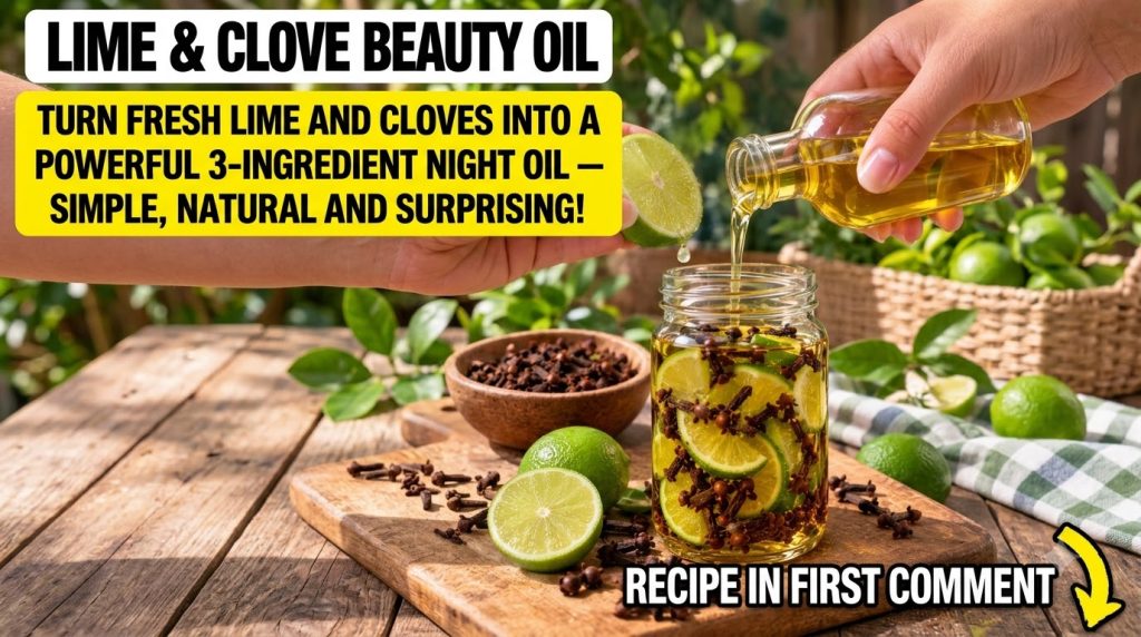 Hands preparing a DIY beauty oil showing a glass jar filled with oil lemon slices and cloves with a bottle of baby oil a