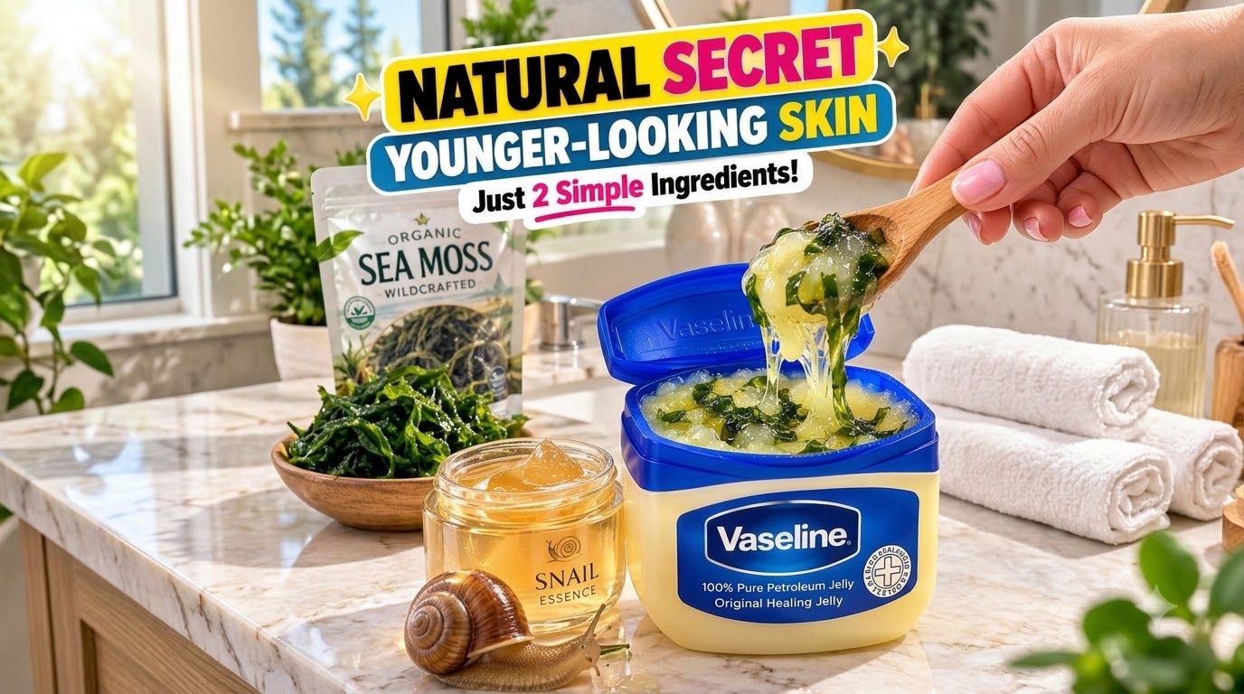 A collection of skincare ingredients and products on a bathroom counter featuring an open tub of Vaseline mixed with gre