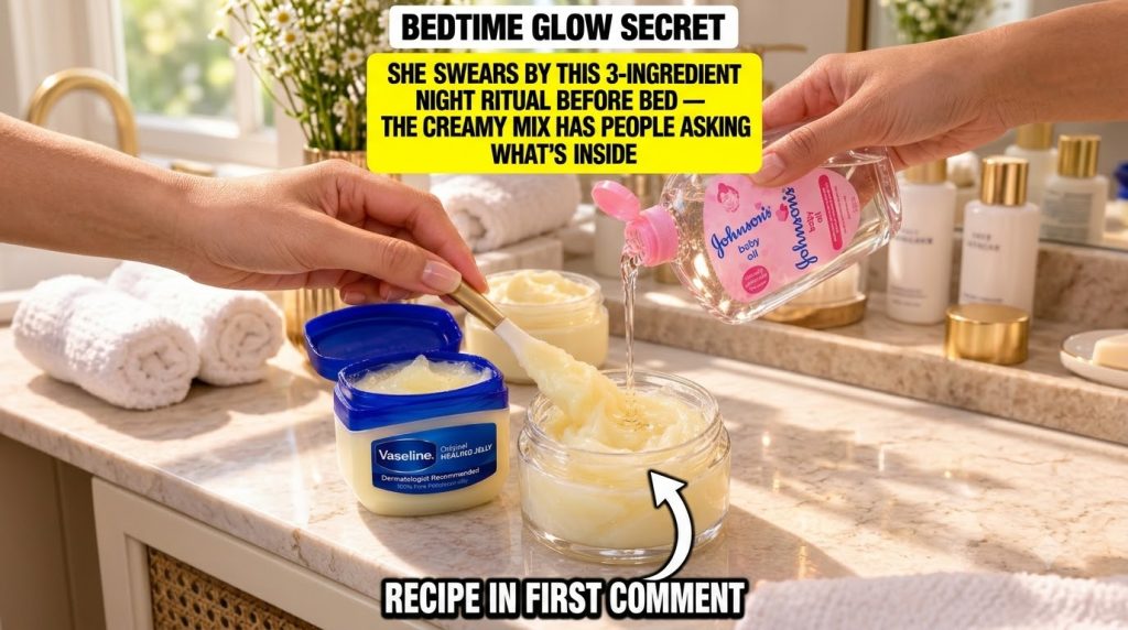 Hands mixing petroleum jelly from a Vaseline tub with baby oil into a clear glass jar