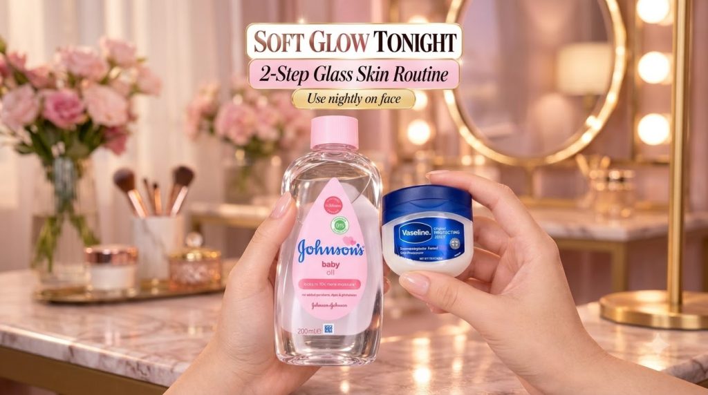 Hands holding Johnson s baby oil and Vaseline Protecting Jelly against a softly blurred background with warm ambient lig