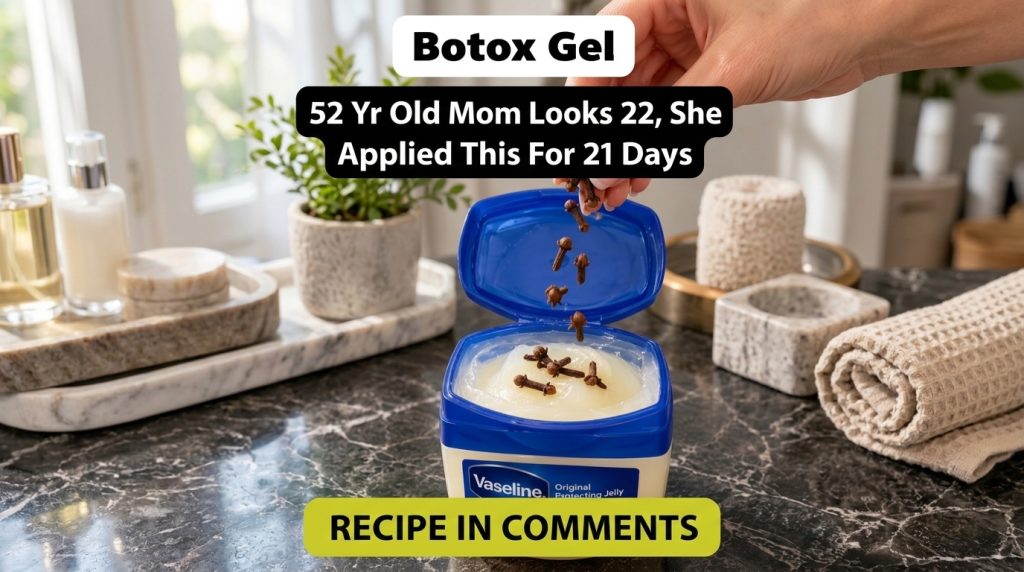 A hand dropping dried cloves into an open jar of Vaseline on a dark marble countertop viewed from directly above
